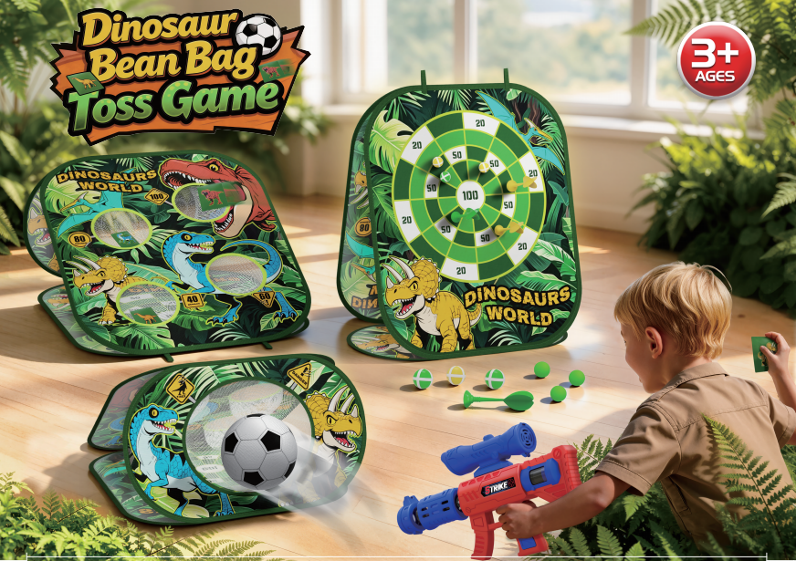 Woucmuy Dinosaur Bean Bag Toss Game for Kids, 3-in-1 Dino Theme Outdoor Toss Game Set with Bean Bags, Balls & Dart Board, Portable Dinosaur Toy Party Game for Boys Girls Ages 3-6, Birthday Gift