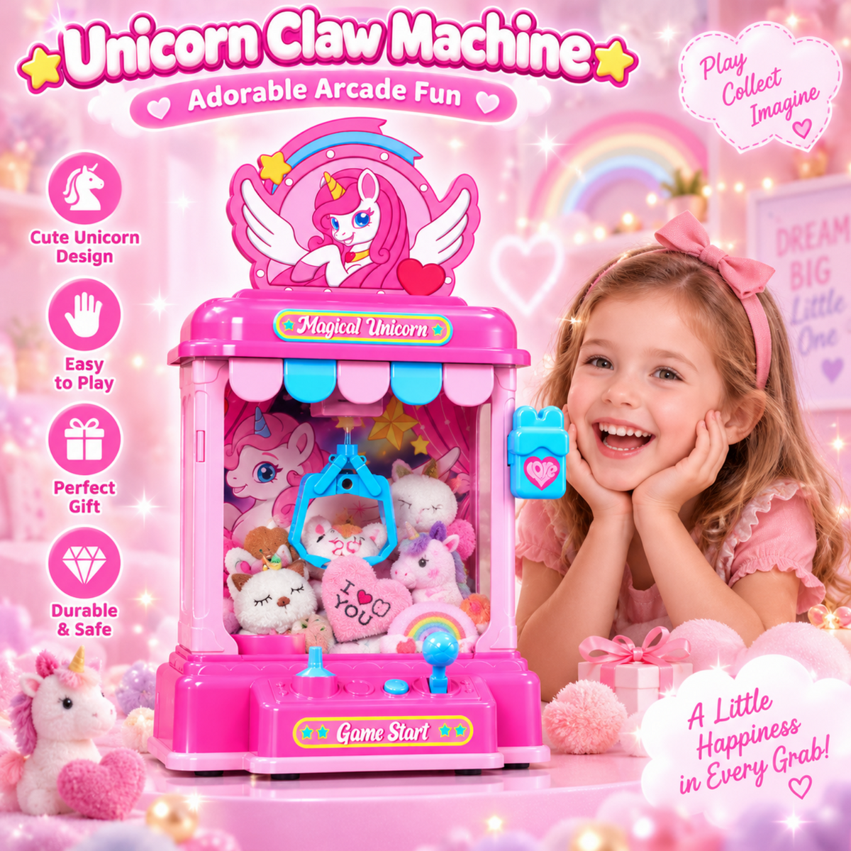 Woucmuy Unicorn Claw Machine for Kids, Mini Candy Grabber Vending Machine with Sound, 20 Mini Plush Toys, Interactive Arcade Game Toy for Girls Boys Ages 3-8, Indoor Birthday Party Gift