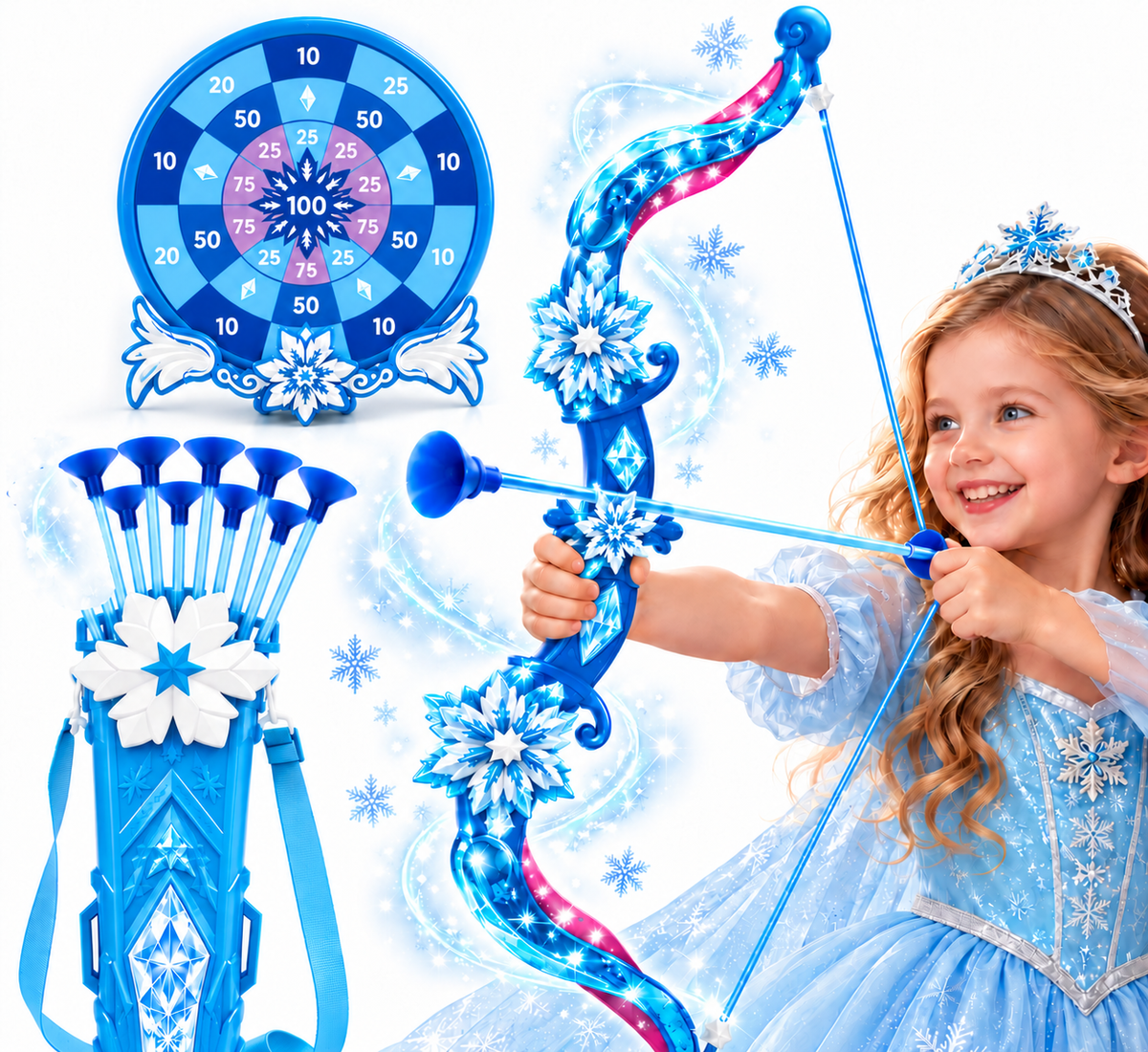 Woucmuy Kids Bow and Arrow Set with LED Lights, Princess Archery Toy with 8 Suction Cup Arrows & Target, Indoor Outdoor Toy Gift for Girls Ages 3-12 (Blue)