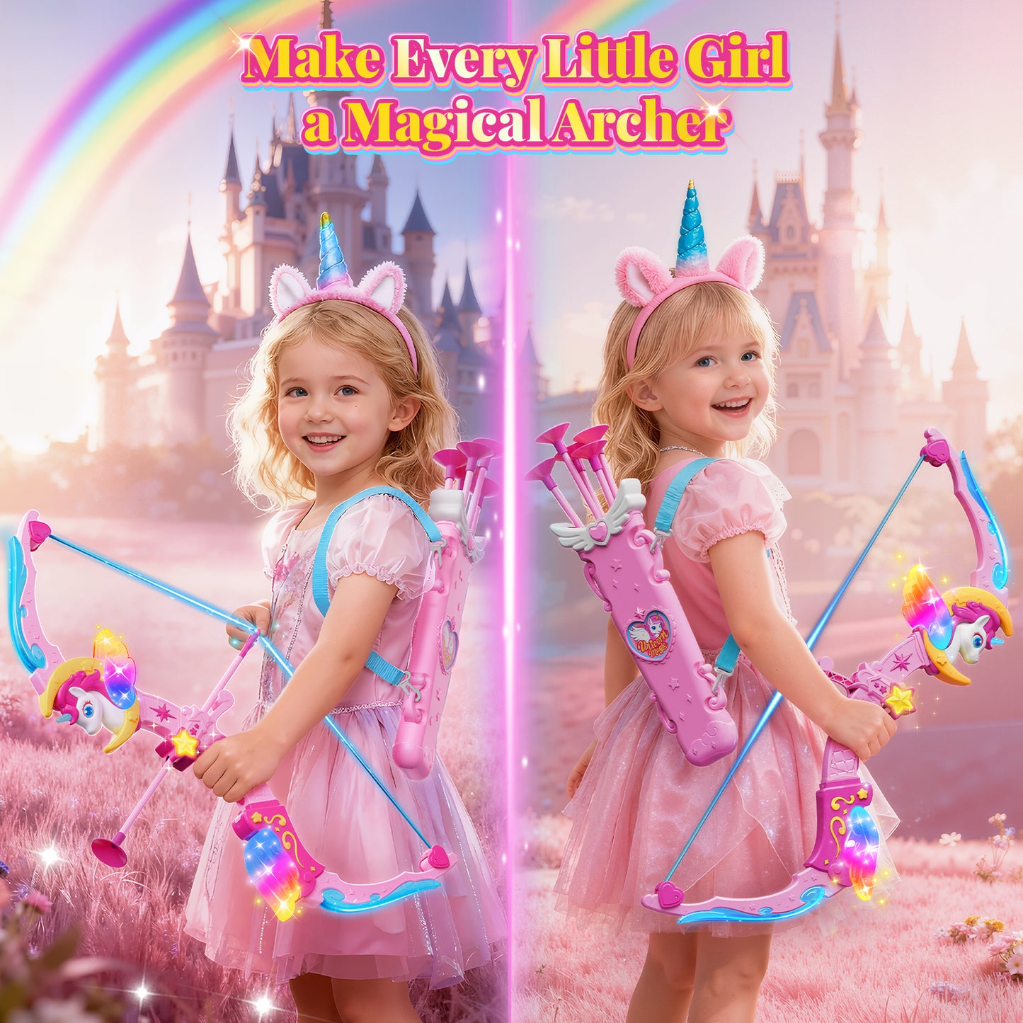 Woucmuy Kids Bow and Arrow Set with LED Lights, Unicorn Archery Toy with 8 Suction Cup Arrows & Target, Indoor Outdoor Toy Gift for Girls Ages 3-12
