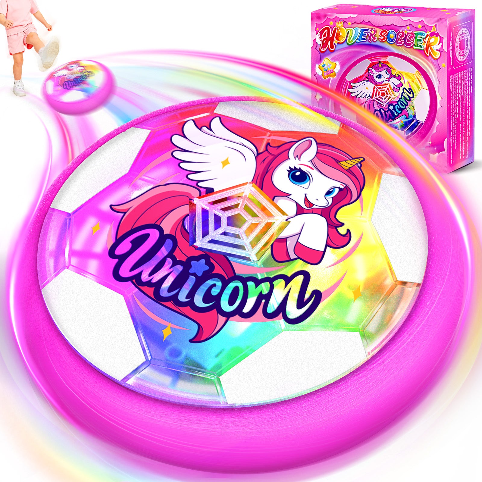 Woucmuy Unicorn Hover Soccer Ball, Light Up Indoor Soccer Toy with LED Lights & Foam Bumper, 1-Pack Air Floating Football Indoor Outdoor Toy for Kids Age 3-12