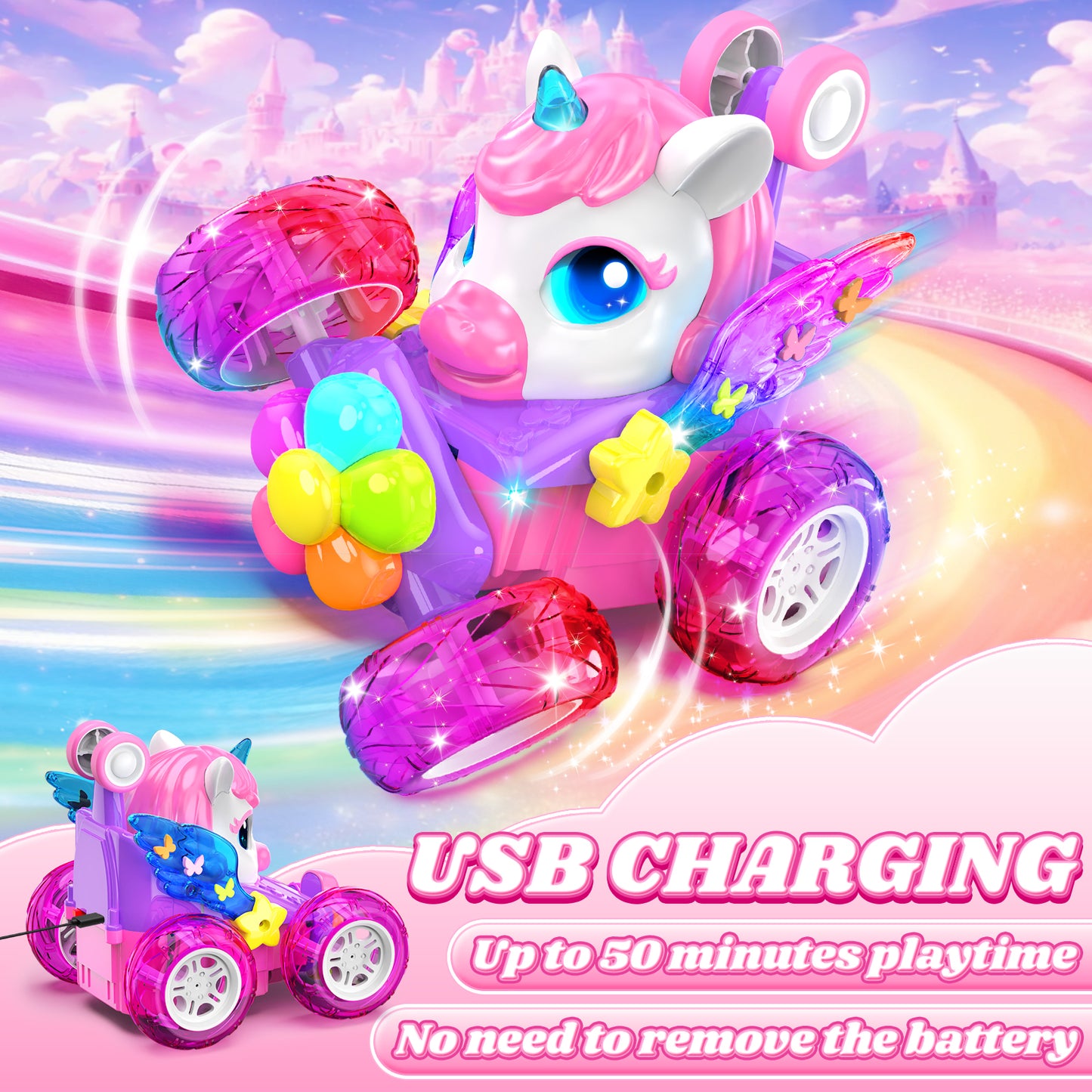 Woucmuy Unicorn Remote Control Monster Truck for Girls, 2.4GHz 4WD RC Car with LED Lights & 360° Stunts, Birthday Gift for Kids