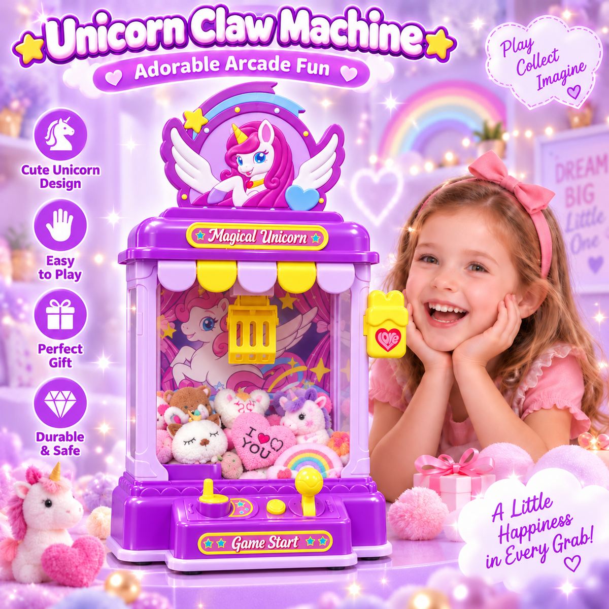Woucmuy Unicorn Claw Machine for Kids, Mini Candy Grabber Vending Machine with Sound, 20 Mini Plush Toys, Interactive Arcade Game Toy for Girls Boys Ages 3-8, Indoor Birthday Party Gift-Purple