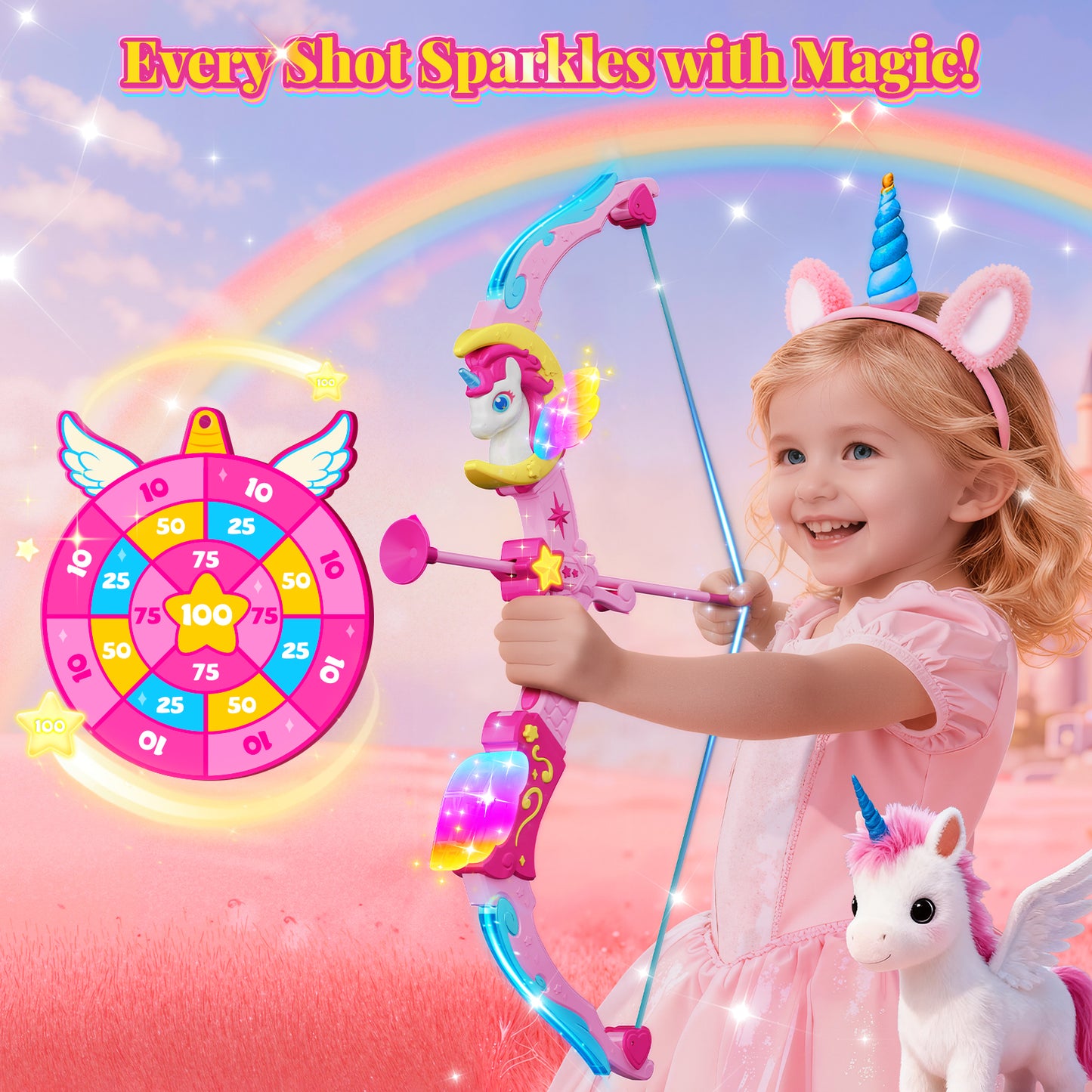 Woucmuy Kids Bow and Arrow Set with LED Lights, Unicorn Archery Toy with 8 Suction Cup Arrows & Target, Indoor Outdoor Toy Gift for Girls Ages 3-12