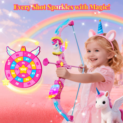 Woucmuy Kids Bow and Arrow Set with LED Lights, Unicorn Archery Toy with 8 Suction Cup Arrows & Target, Indoor Outdoor Toy Gift for Girls Ages 3-12