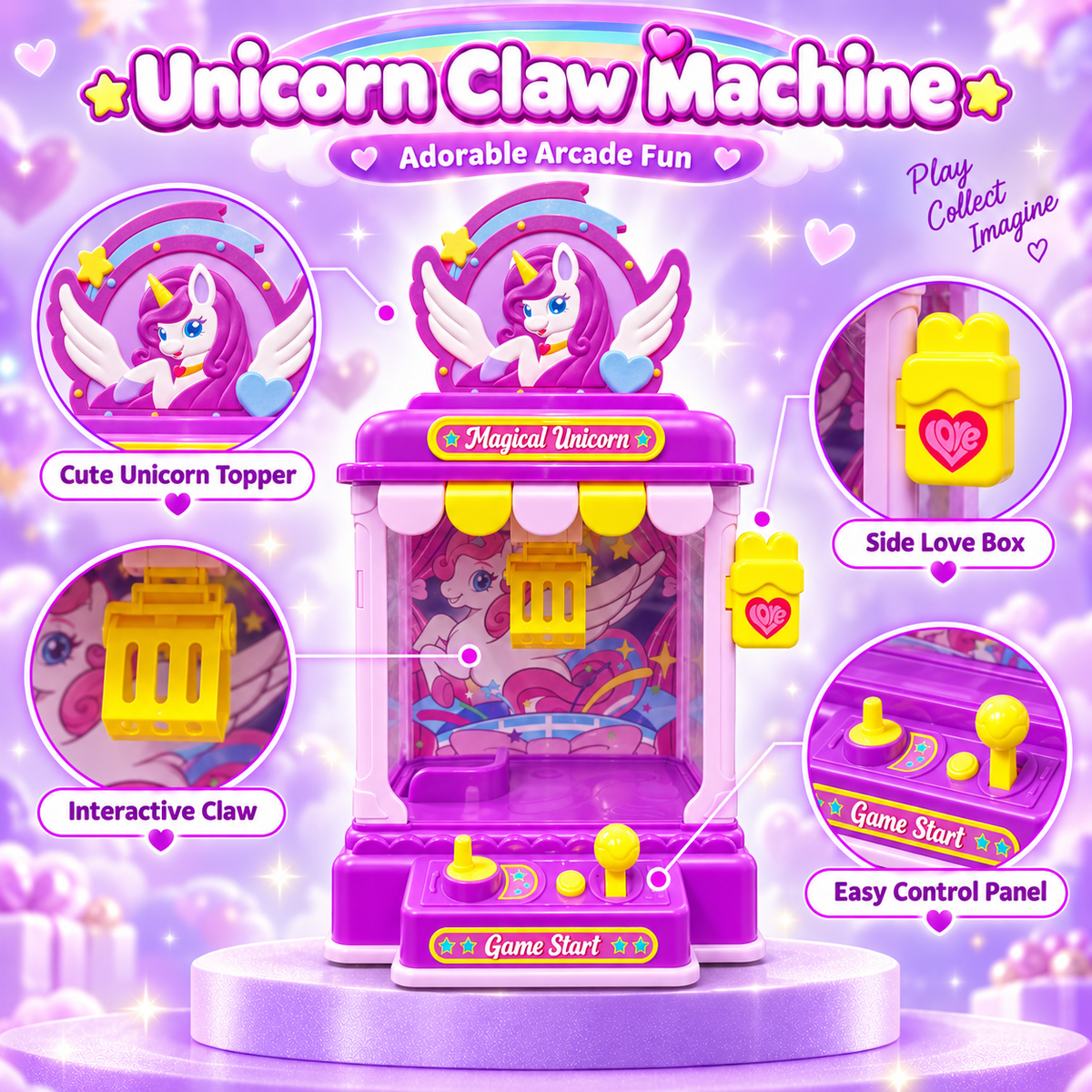 Woucmuy Unicorn Claw Machine for Kids, Mini Candy Grabber Vending Machine with Sound, 20 Mini Plush Toys, Interactive Arcade Game Toy for Girls Boys Ages 3-8, Indoor Birthday Party Gift-Purple