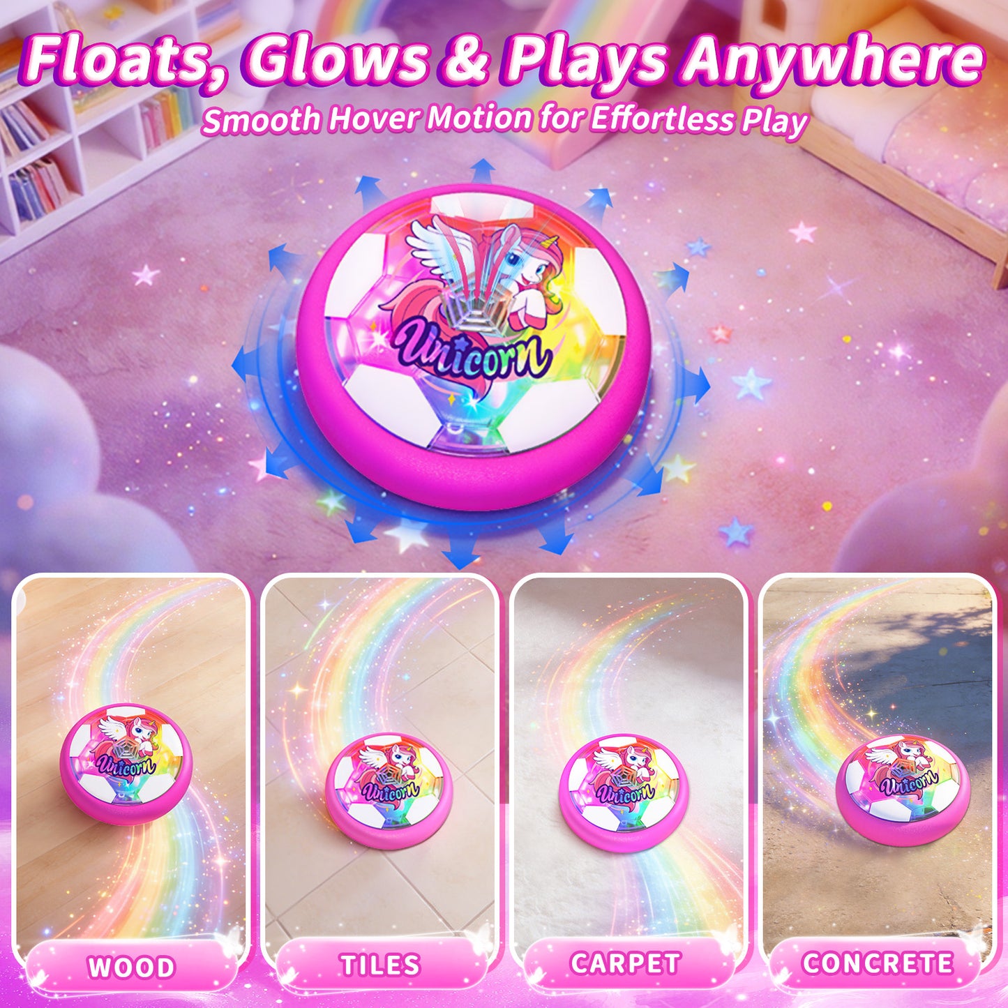 Woucmuy Unicorn Hover Soccer Ball, Light Up Indoor Soccer Toy with LED Lights & Foam Bumper, 1-Pack Air Floating Football Indoor Outdoor Toy for Kids Age 3-12