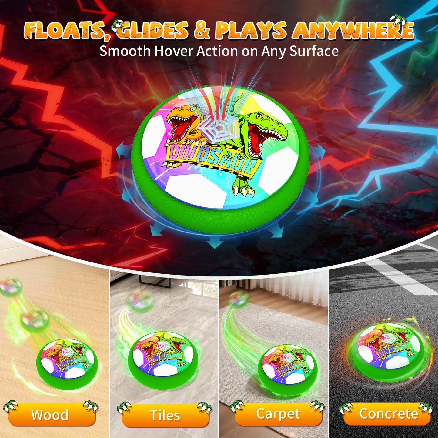 Woucmuy Hover Soccer Ball with LED Lights and Foam Bumper, Dinosaur Air Floating Football Toy for Kids Ages 3-12, 1-Piece Indoor Outdoor Birthday Gift