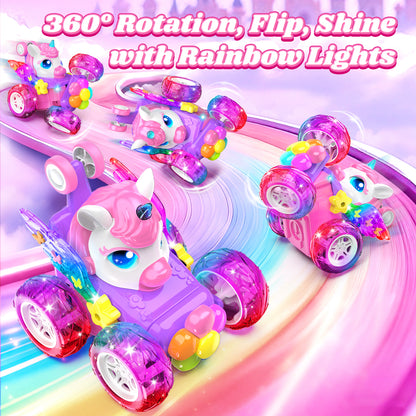 Woucmuy Unicorn Remote Control Monster Truck for Girls, 2.4GHz 4WD RC Car with LED Lights & 360° Stunts, Birthday Gift for Kids