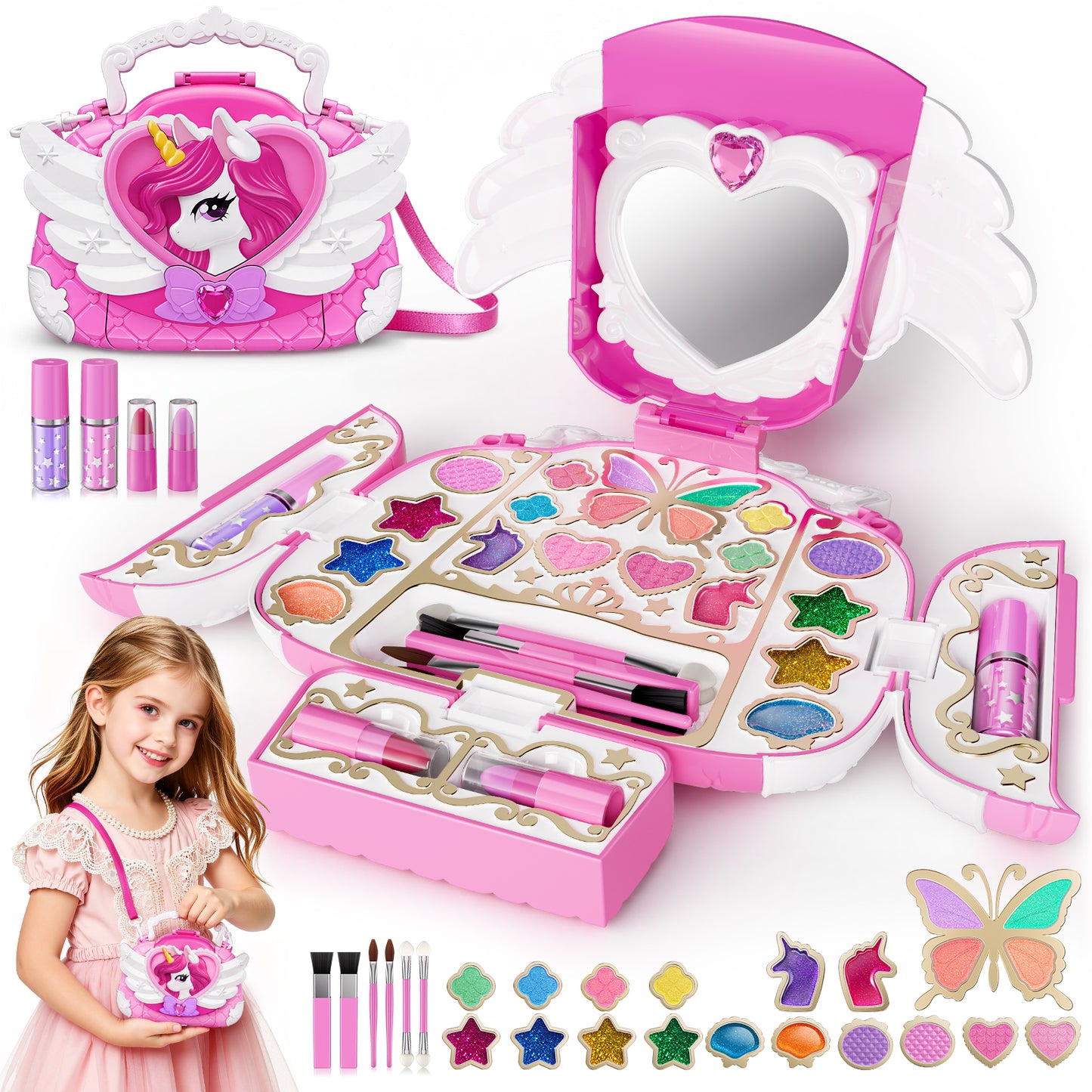 Woucmuy Kids Washable Makeup Kit for Girls, Unicorn Purse Cosmetic Set with Mirror & Shoulder Strap, Princess Toy Gift for Ages 3-12