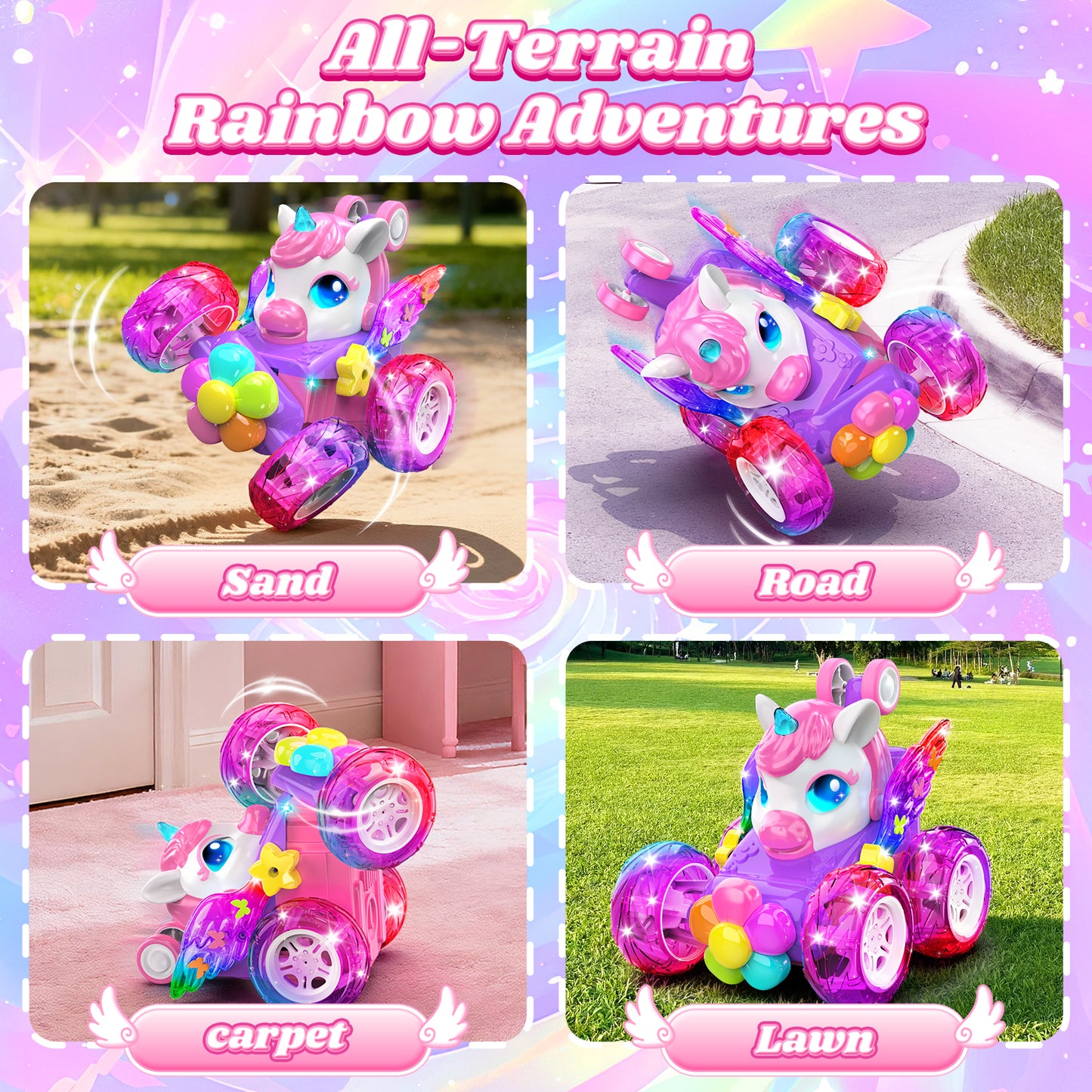 Woucmuy Unicorn Remote Control Monster Truck for Girls, 2.4GHz 4WD RC Car with LED Lights & 360° Stunts, Birthday Gift for Kids