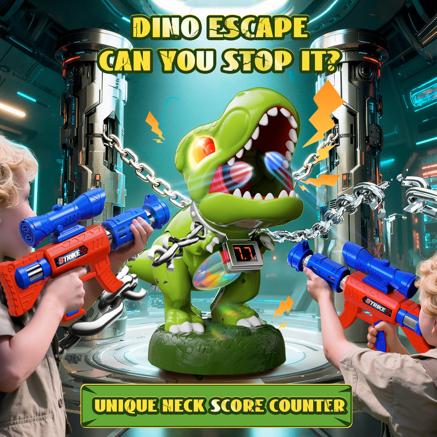 Woucmuy Dinosaur Shooting Toy Set for Kids, 2 Pack Launchers with Lights, Sound Effects & LCD Score, Interactive Target Game Gift for Boys Ages 3-12