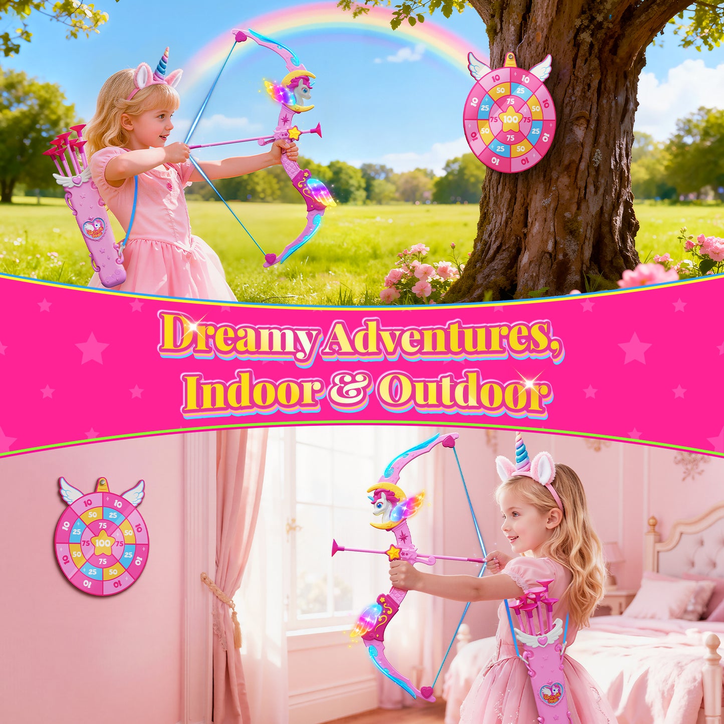 Woucmuy Kids Bow and Arrow Set with LED Lights, Unicorn Archery Toy with 8 Suction Cup Arrows & Target, Indoor Outdoor Toy Gift for Girls Ages 3-12