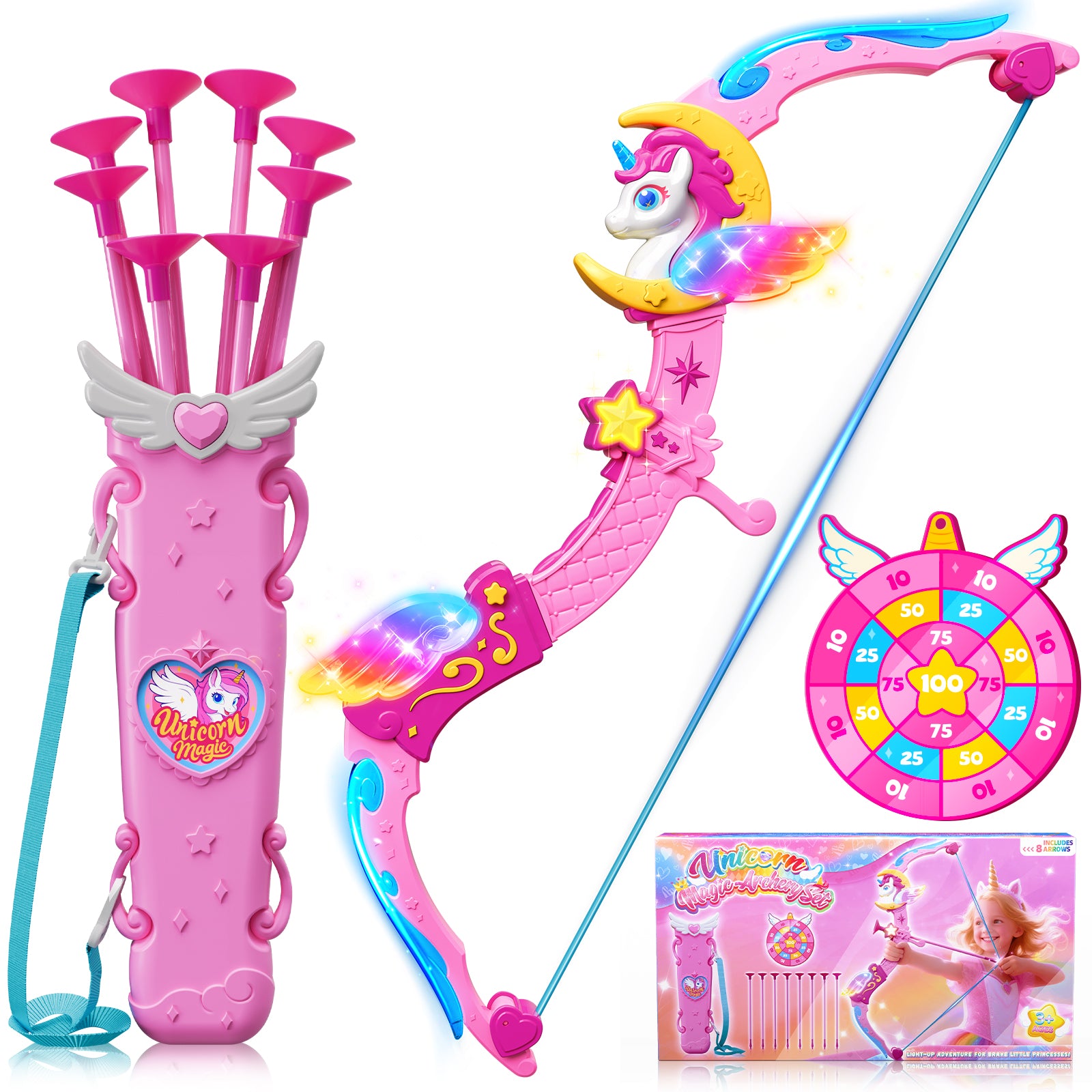 Woucmuy Kids Bow and Arrow Set with LED Lights, Unicorn Archery Toy with 8 Suction Cup Arrows & Target, Indoor Outdoor Toy Gift for Girls Ages 3-12