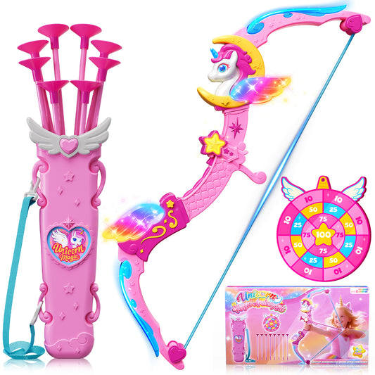 Woucmuy Kids Bow and Arrow Set with LED Lights, Unicorn Archery Toy with 8 Suction Cup Arrows & Target, Indoor Outdoor Toy Gift for Girls Ages 3-12
