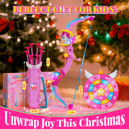 Woucmuy Kids Bow and Arrow Set with LED Lights, Unicorn Archery Toy with 8 Suction Cup Arrows & Target, Indoor Outdoor Toy Gift for Girls Ages 3-12