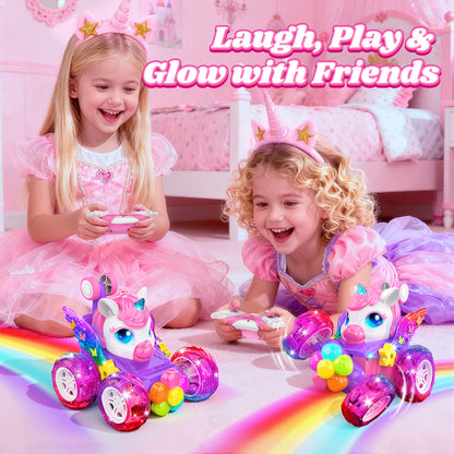 Woucmuy Unicorn Remote Control Monster Truck for Girls, 2.4GHz 4WD RC Car with LED Lights & 360° Stunts, Birthday Gift for Kids