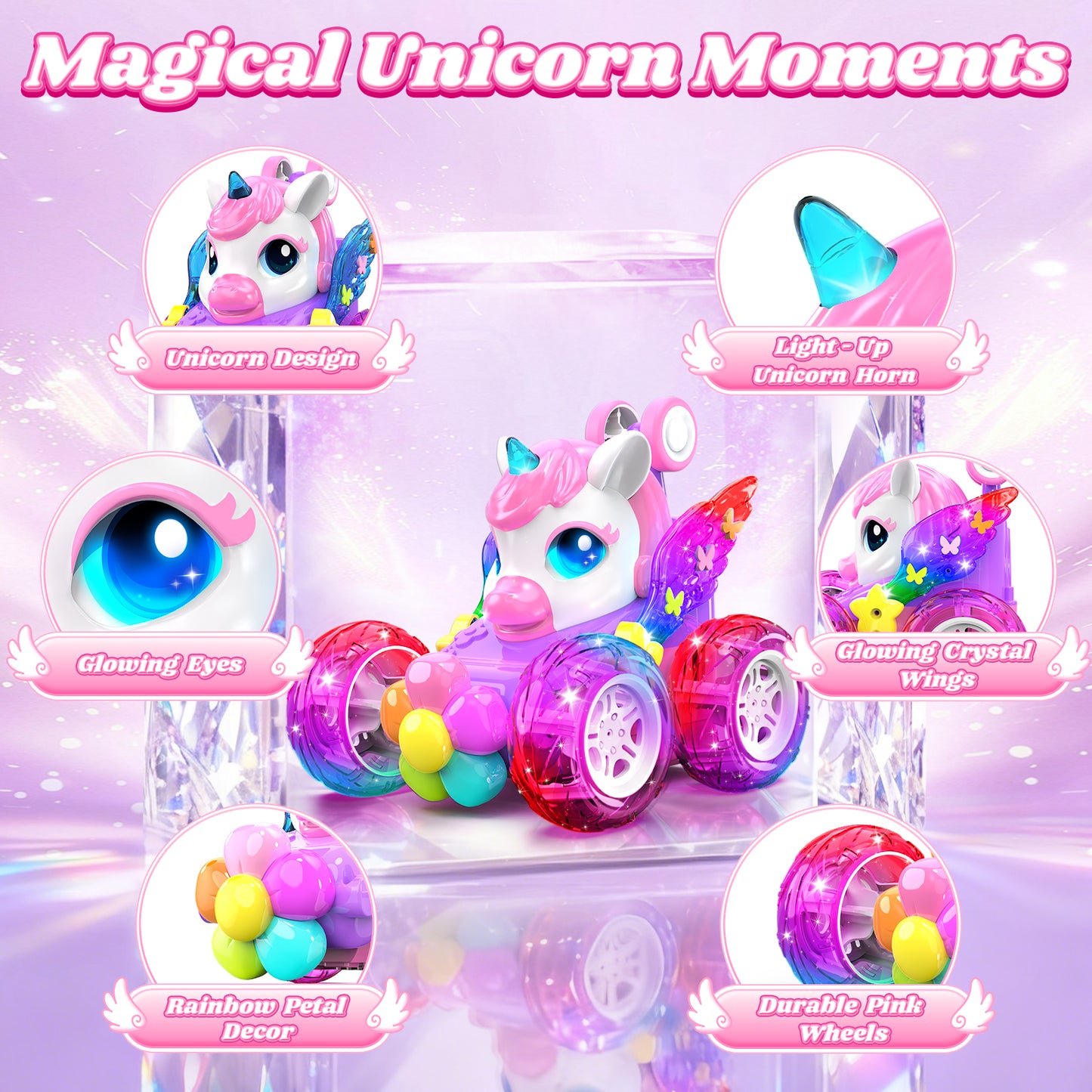 Woucmuy Unicorn Remote Control Monster Truck for Girls, 2.4GHz 4WD RC Car with LED Lights & 360° Stunts, Birthday Gift for Kids
