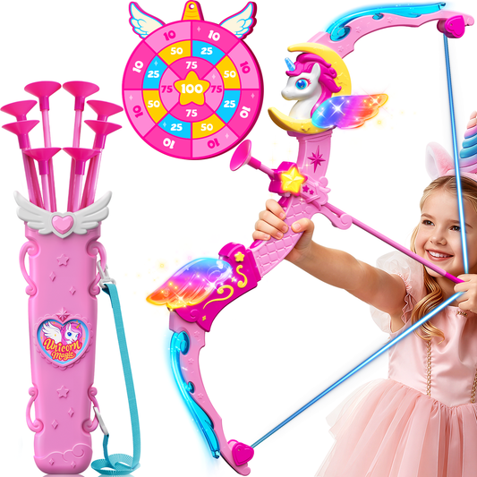 Woucmuy Kids Bow and Arrow Set with LED Lights, Unicorn Archery Toy with 8 Suction Cup Arrows & Target, Indoor Outdoor Toy Gift for Girls Ages 3-12