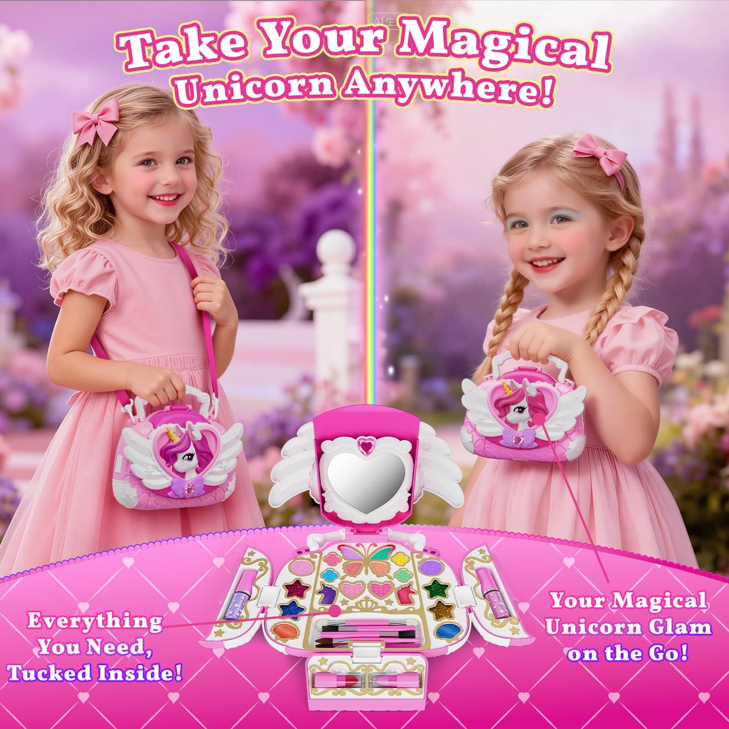 Woucmuy Kids Washable Makeup Kit for Girls, Unicorn Purse Cosmetic Set with Mirror & Shoulder Strap, Princess Toy Gift for Ages 3-12