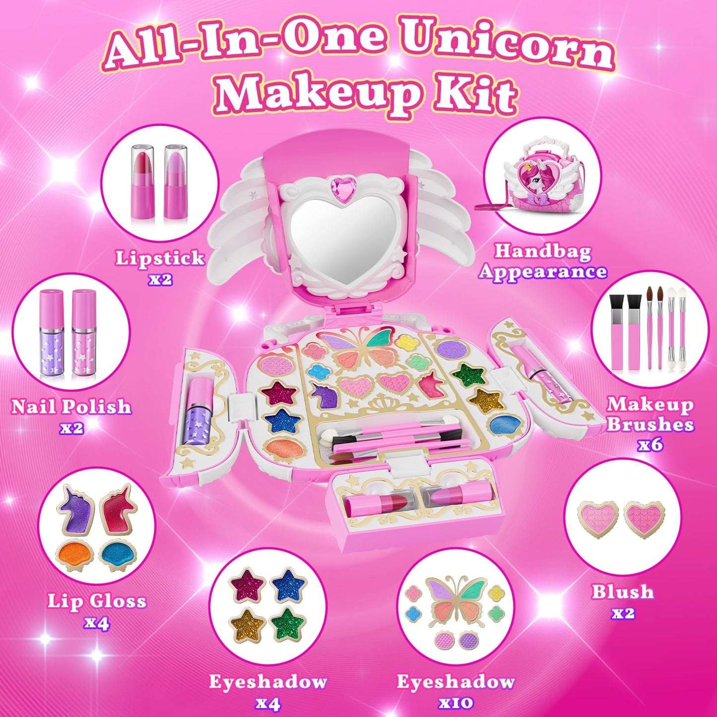 Woucmuy Kids Washable Makeup Kit for Girls, Unicorn Purse Cosmetic Set with Mirror & Shoulder Strap, Princess Toy Gift for Ages 3-12