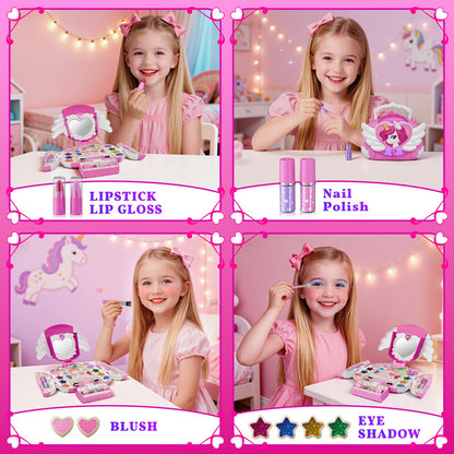 Woucmuy Kids Washable Makeup Kit for Girls, Unicorn Purse Cosmetic Set with Mirror & Shoulder Strap, Princess Toy Gift for Ages 3-12