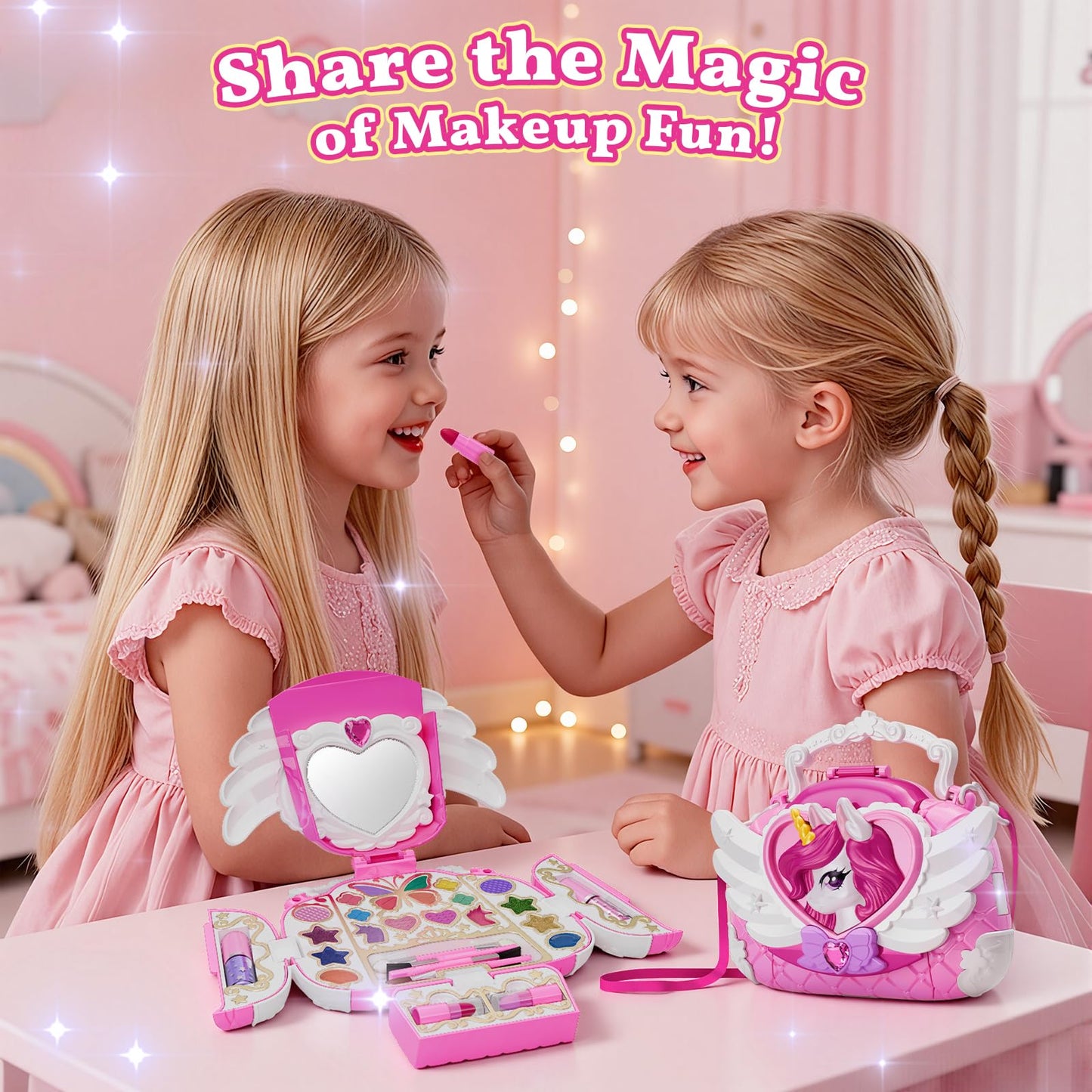 Woucmuy Kids Washable Makeup Kit for Girls, Unicorn Purse Cosmetic Set with Mirror & Shoulder Strap, Princess Toy Gift for Ages 3-12