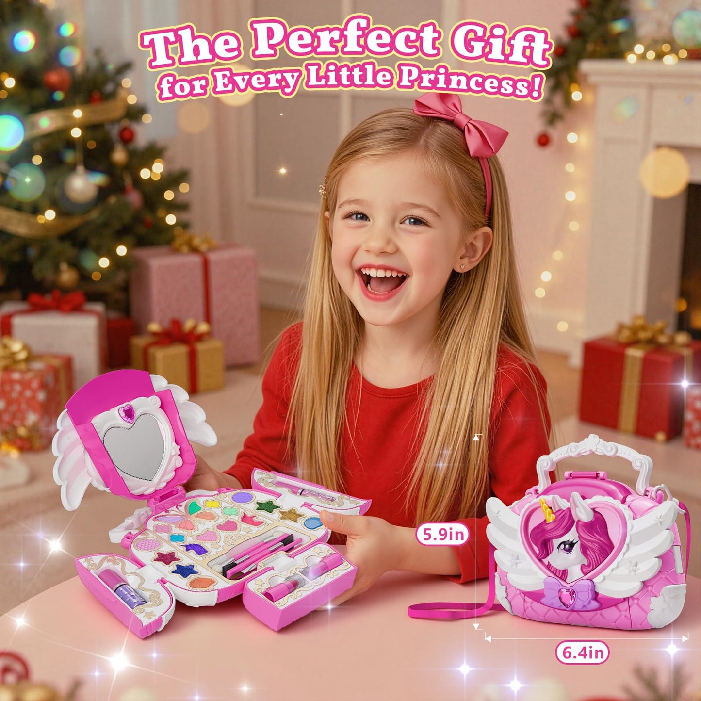 Woucmuy Kids Washable Makeup Kit for Girls, Unicorn Purse Cosmetic Set with Mirror & Shoulder Strap, Princess Toy Gift for Ages 3-12
